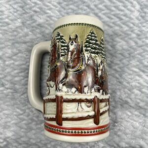 Budweiser Clydesdales Holiday Stein Ceramarte Brazil Winter Beer Mug 80s Vintage